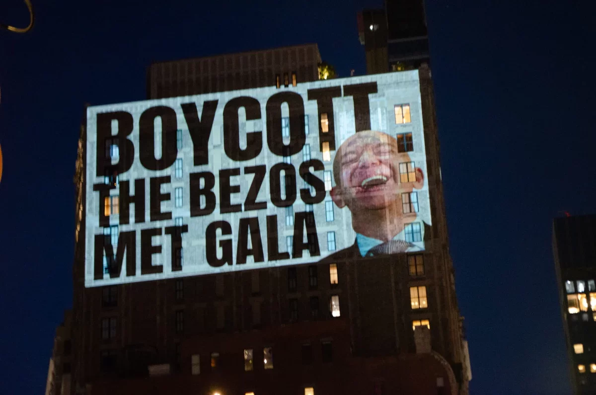 Met Gala Protest Projected on Jeff Bezos's Manhattan Residence