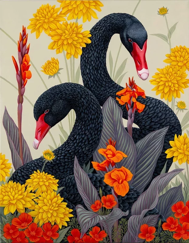 Vasilisa Romanenko's Acrylic Art Celebrates Birds Amid Blossoms